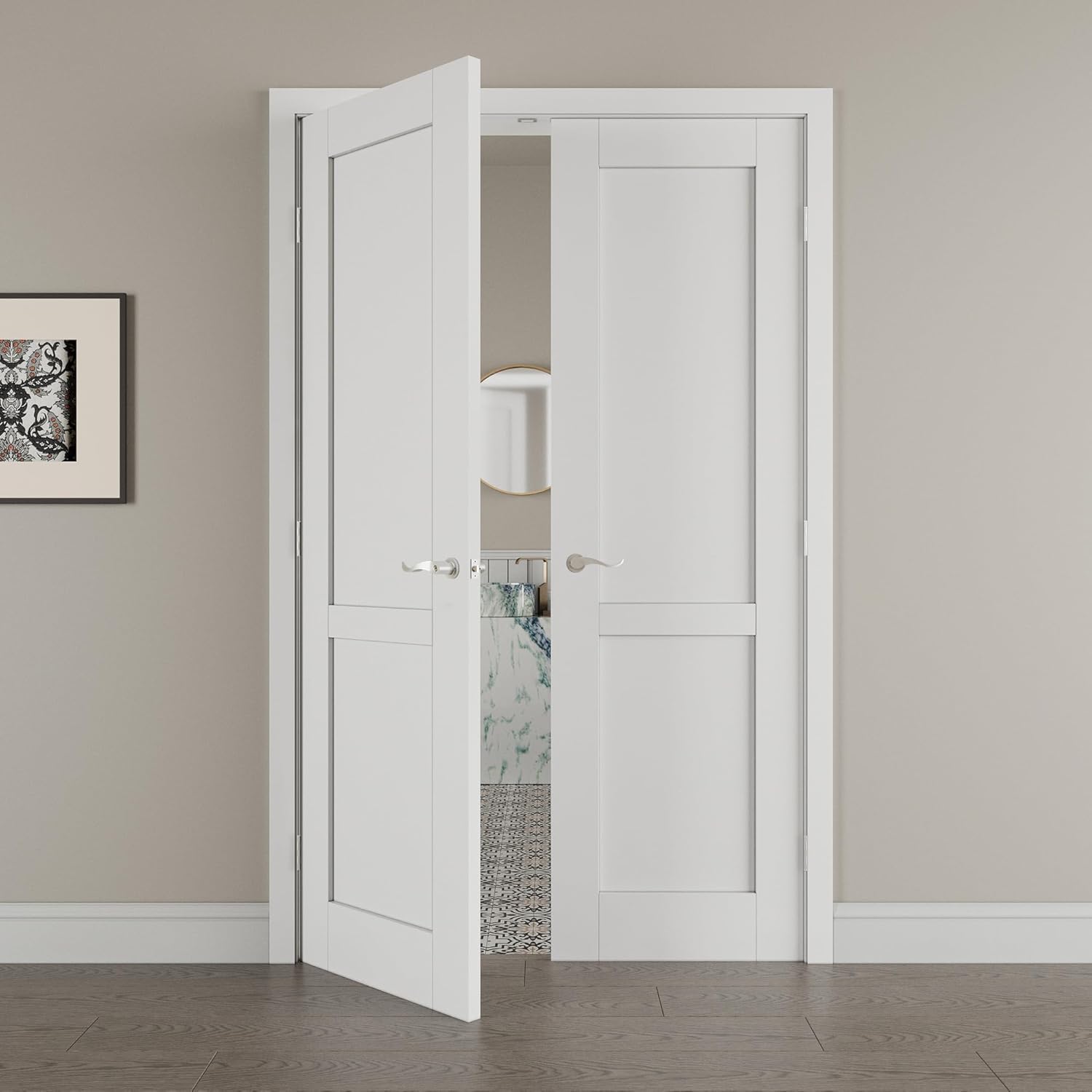 36' x 80' French Doors Interior (Double 18' x 80' 2-Lite Panel Door with Silver Hinge Prehung Jamb Kit), Pre-Finished & Paintable, Prebuilt Home Door Panels & Assembly Required Jamb