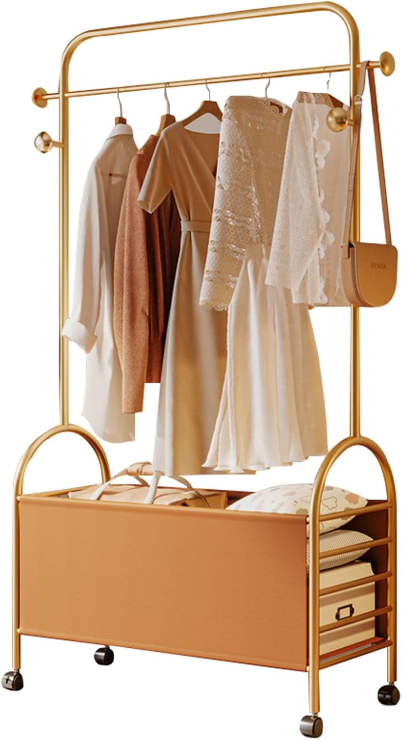 3-in-1 Metal Clothes Rack, 173cm Heavy Duty Glod Rolling Garment Rack with PU leather Basket Clothes Racks for Hanging Clothes Clothes Storage and Display
