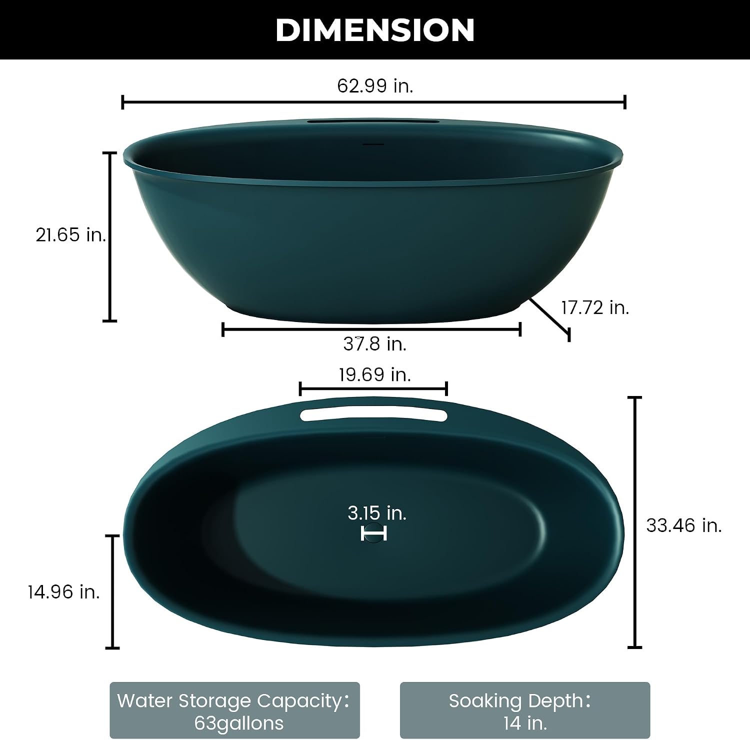 CASAINC 63' Solid Surface Free Standing Tub Deep Teal Stone Resin Freestanding Bathtub Soaking Tub with Drain, Drain Hose & Sanding Paper