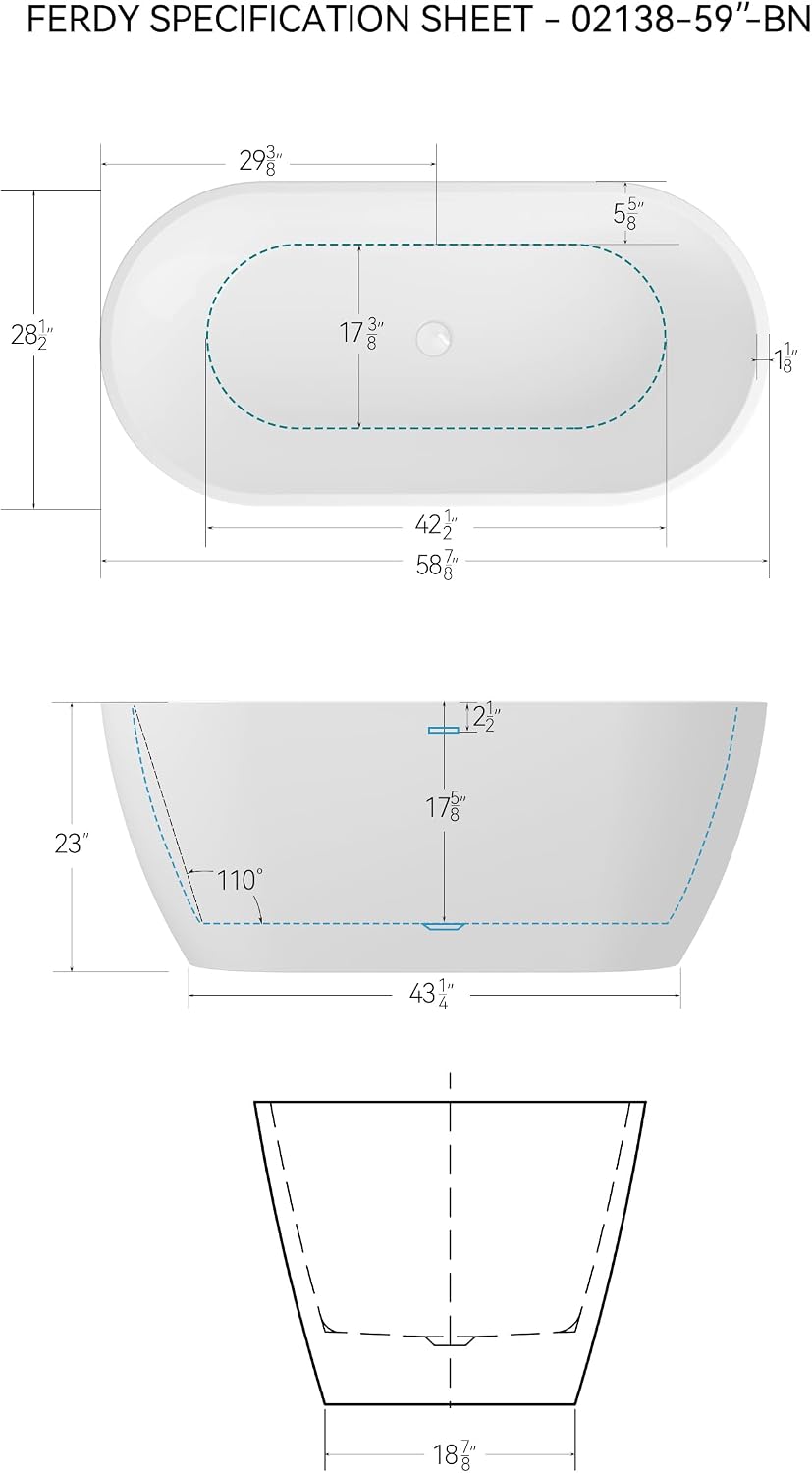 FerdY 59' Bali Elite Acrylic Freestanding Bathtub, Gracefully Shaped Freestanding Soaking Bathtub, cUPC Certified, White Toe-Tap Drain and Minimalist Linear Design Overflow Included
