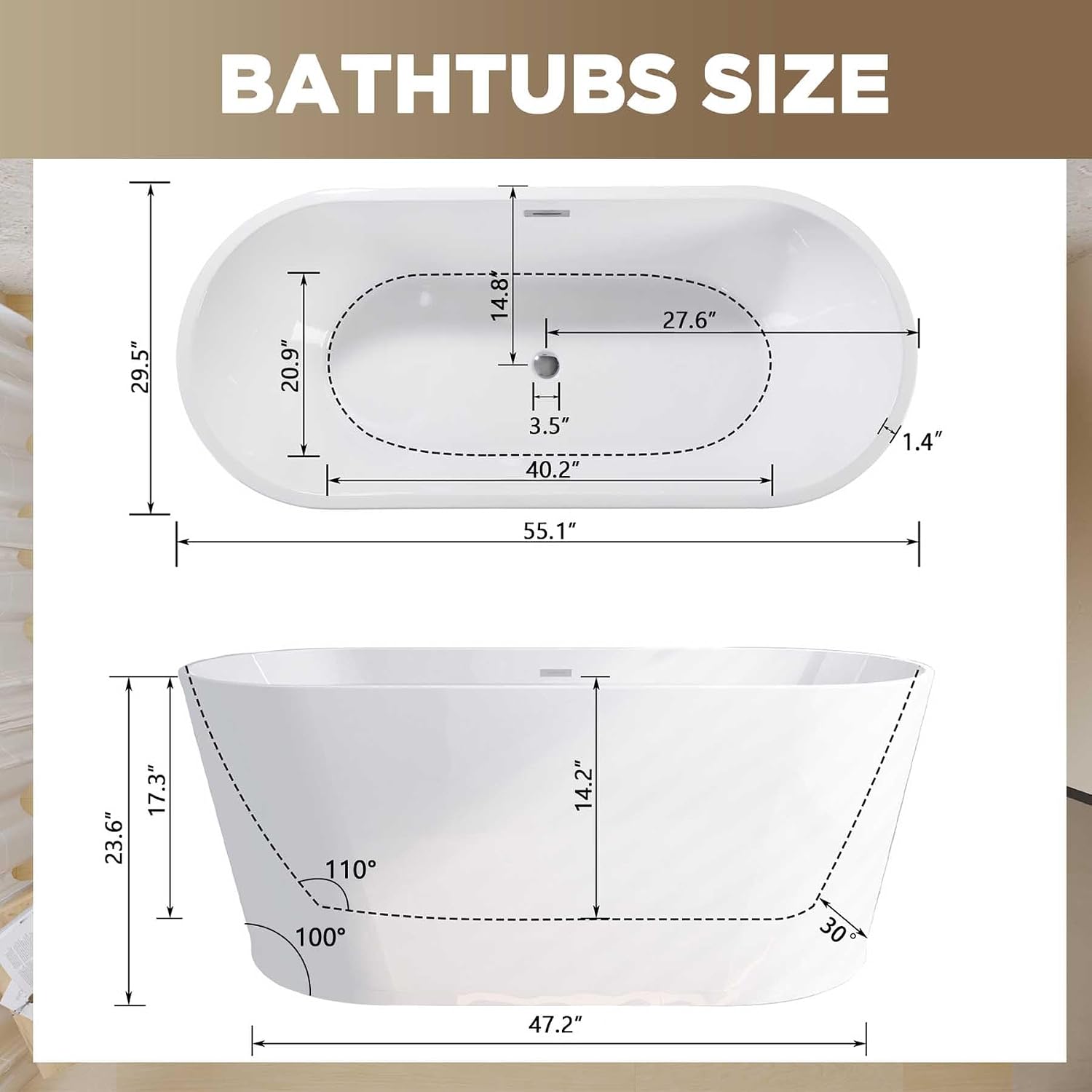 55' Acrylic Freestanding Soaking Bathtub with Toe-Tap Chrome Drain, Oval Stand Alone Tub, Ergonomic Soaking Tub (Gloss White, 55')