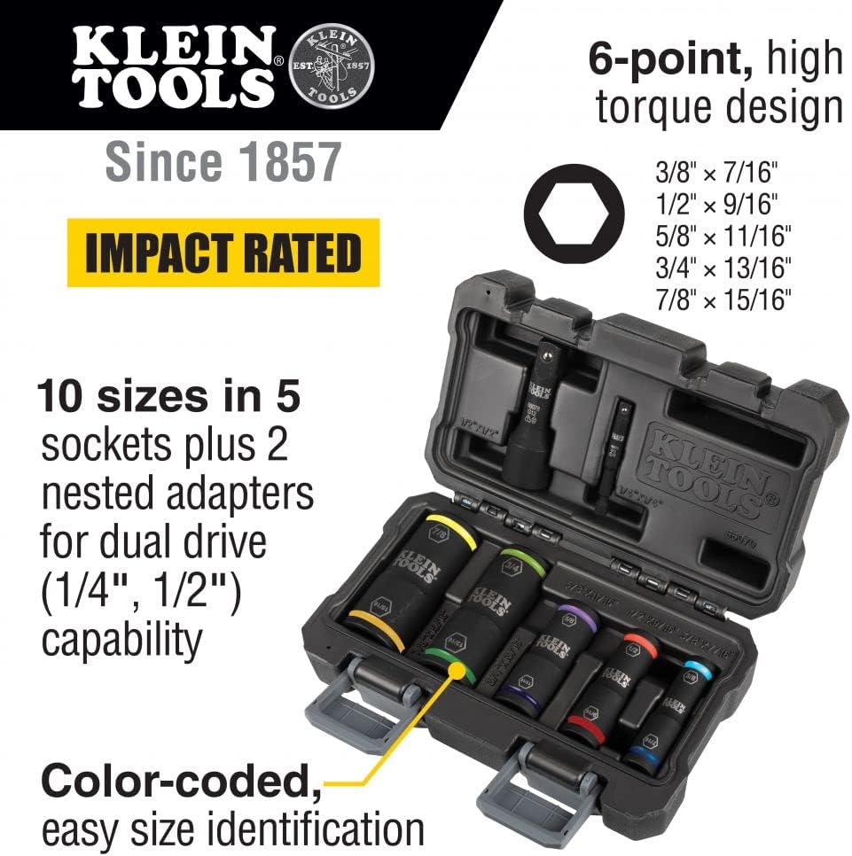 Klein Tools 66070 Impact Socket Set, Impact Driver Flip Socket, Five Sockets & 32950 Ratcheting Impact Rated Hollow Power Nut Driver Set with Handle, Magnetic