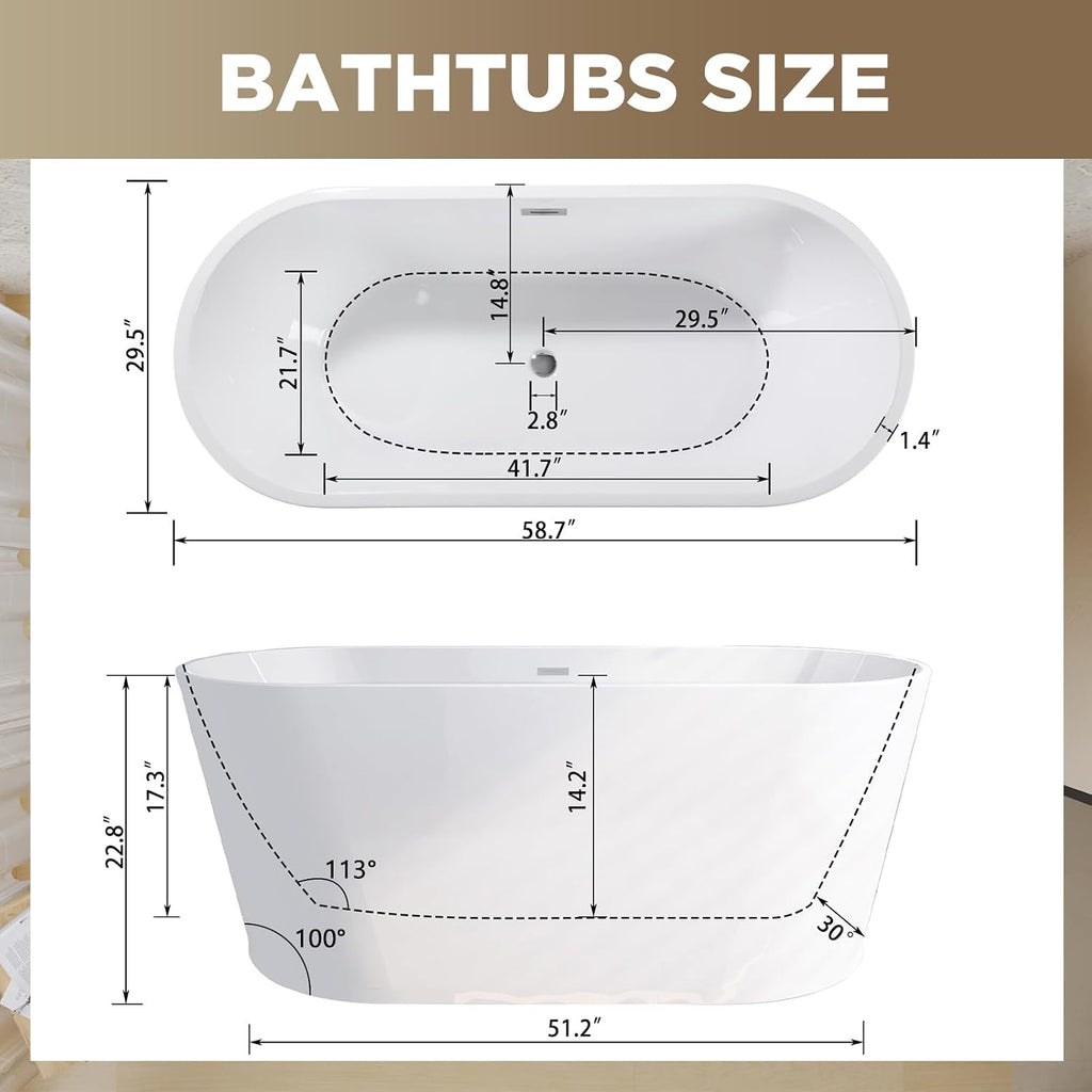 59' Freestanding Bathtub, Large Glossy White Acrylic Soaking Tub with Toe-Tap Drain, Stand Alone Bathtub cUPC Certified for Bathroom