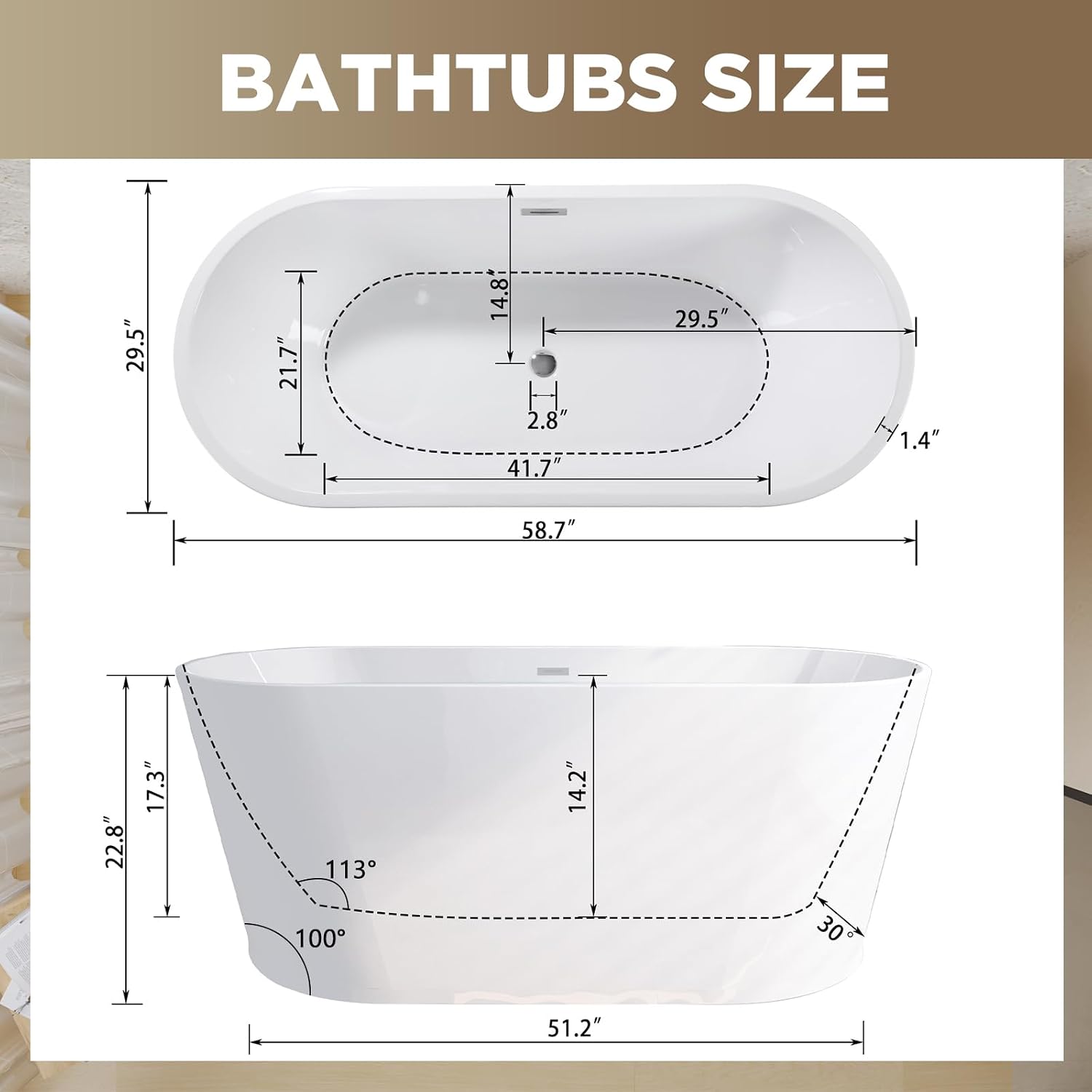 59' Acrylic Freestanding Bathtub, Standalone Soaking Tub with Glossy White Finish, Toe-Tap Chrome Drain, cUPC Certified - Ergonomic Design, Gloss White