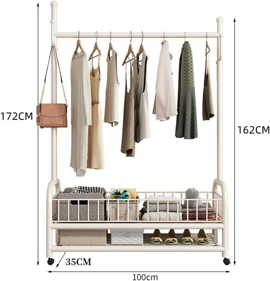Rolling Garment Rack, Portable Closet Wardrobe with Storage Basket and 4 Hooks Clothing Rack Freestanding Closet Metal Clothing Rack for Bedroom Living Room Office Mudroom