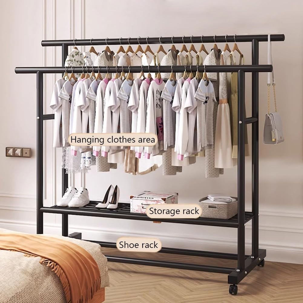 Double Rods Multi-Functional Bedroom Clothing Rack with 2-Tier Storage Shelf, Heavy Duty Metal Garment Rack for Hanging Clothes, Coats, Skirts, Shirts