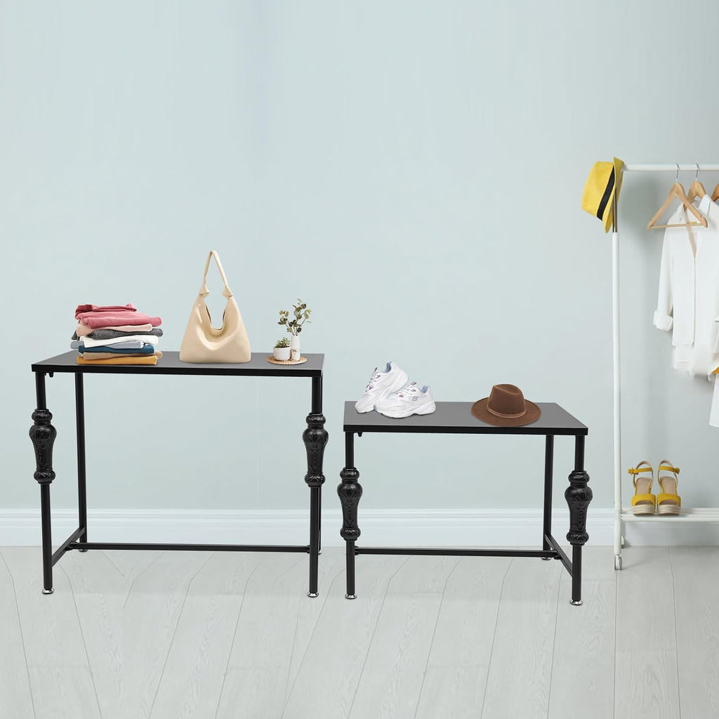Industrial Retail Display Tables, Set of 2 Standing Clothing Shoes Display Rack, Heavy Duty Boutique Display Riser Storage Shelves, Garment Handbag Display Stand for Retail Clothing Store (Black)