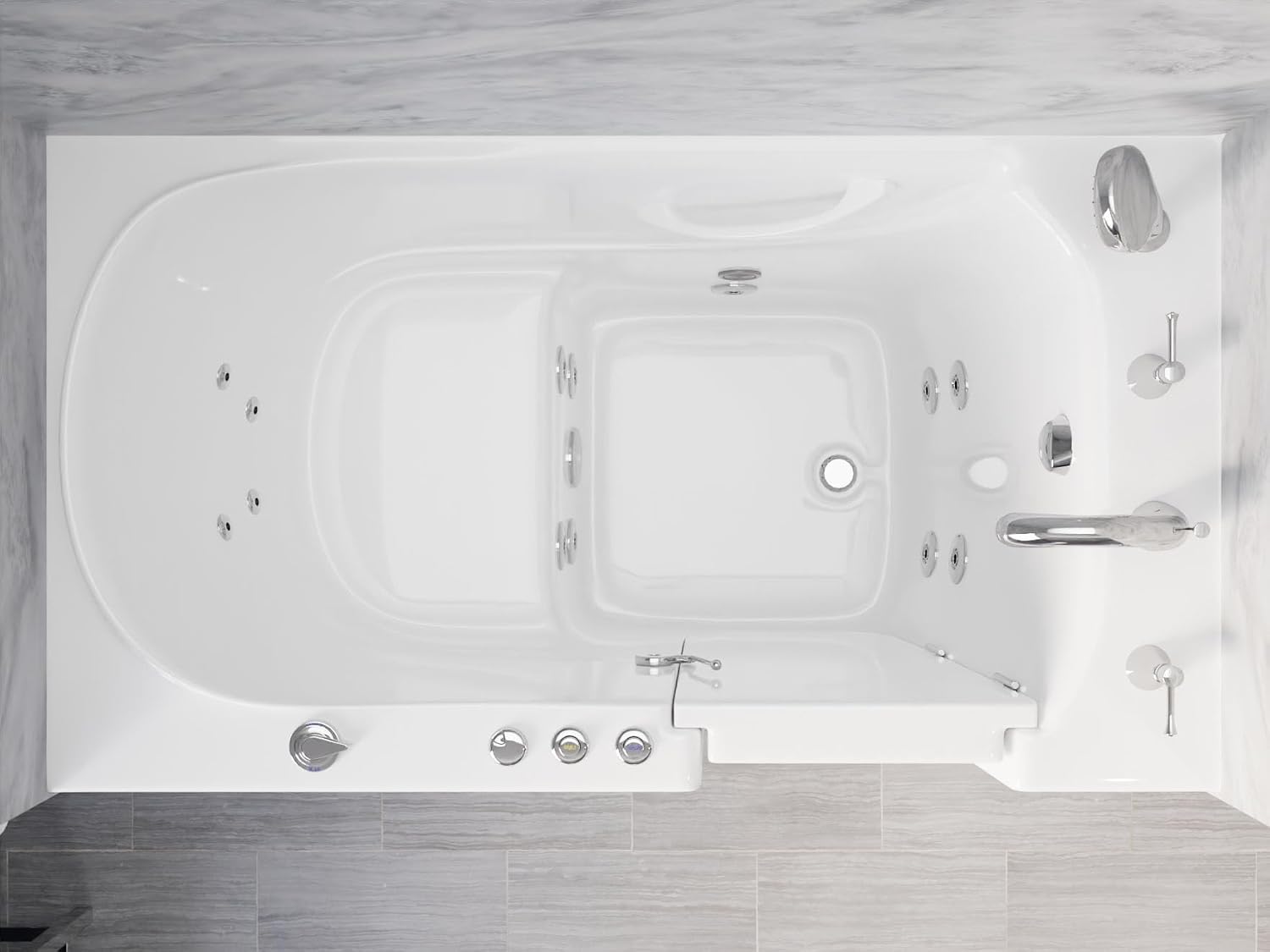 ANZZI Walk-In Tub, 30 x 53 in, Right Drain, Air & Whirlpool Jets, 110V | Spa features: Aromatherapy, chromatherapy, ADA slip-resistant seat, handheld shower, bath pillow included, LED light