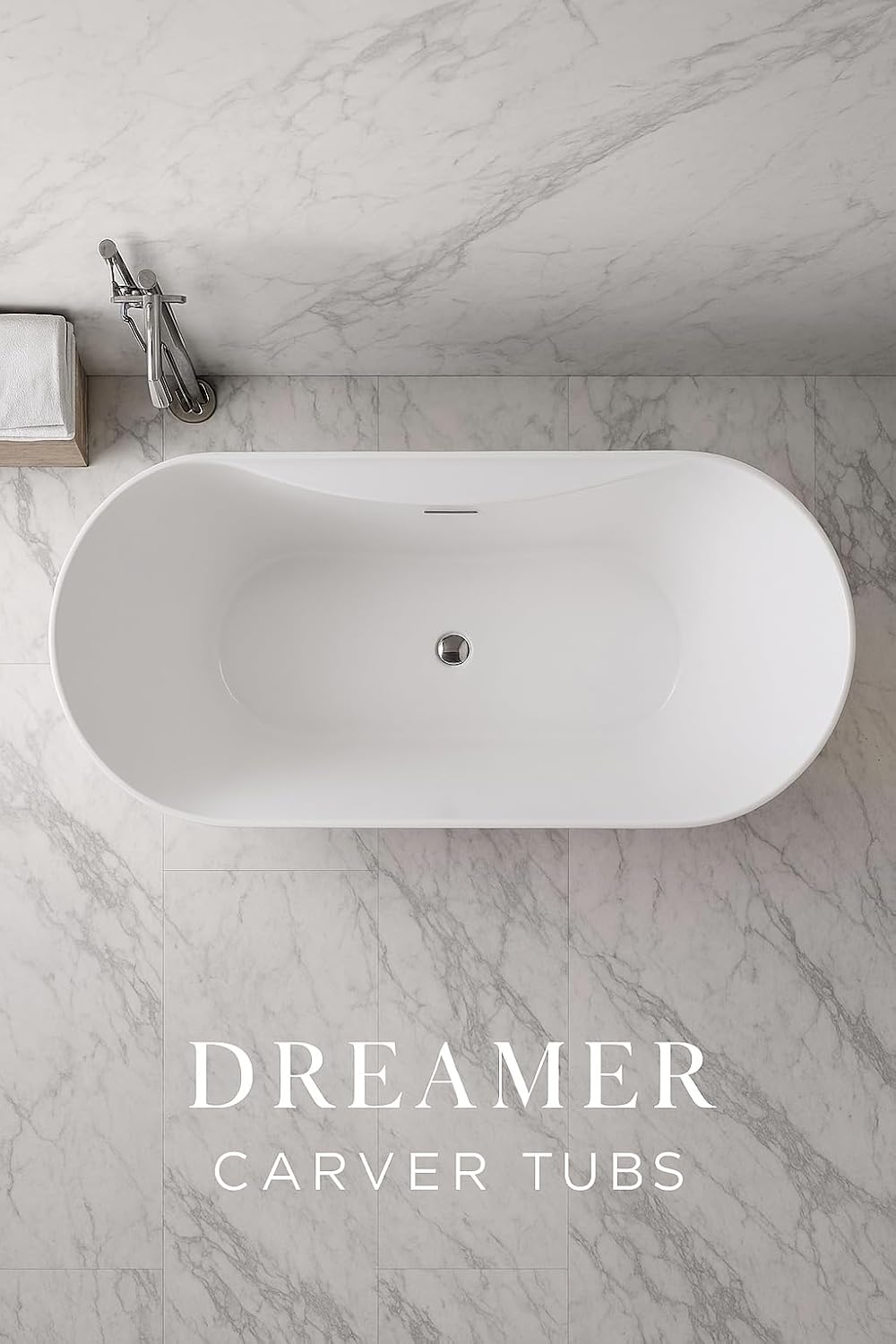 Carver Tubs - Dreamer 67' - Modern White Freestanding Soaking Bathtub- White Acrylic Fiberglass Tub W/chrome Center Drain - Two Person Oval Bath Tub - Deep Relaxing Soak - 67' L X 31' W X 23' H