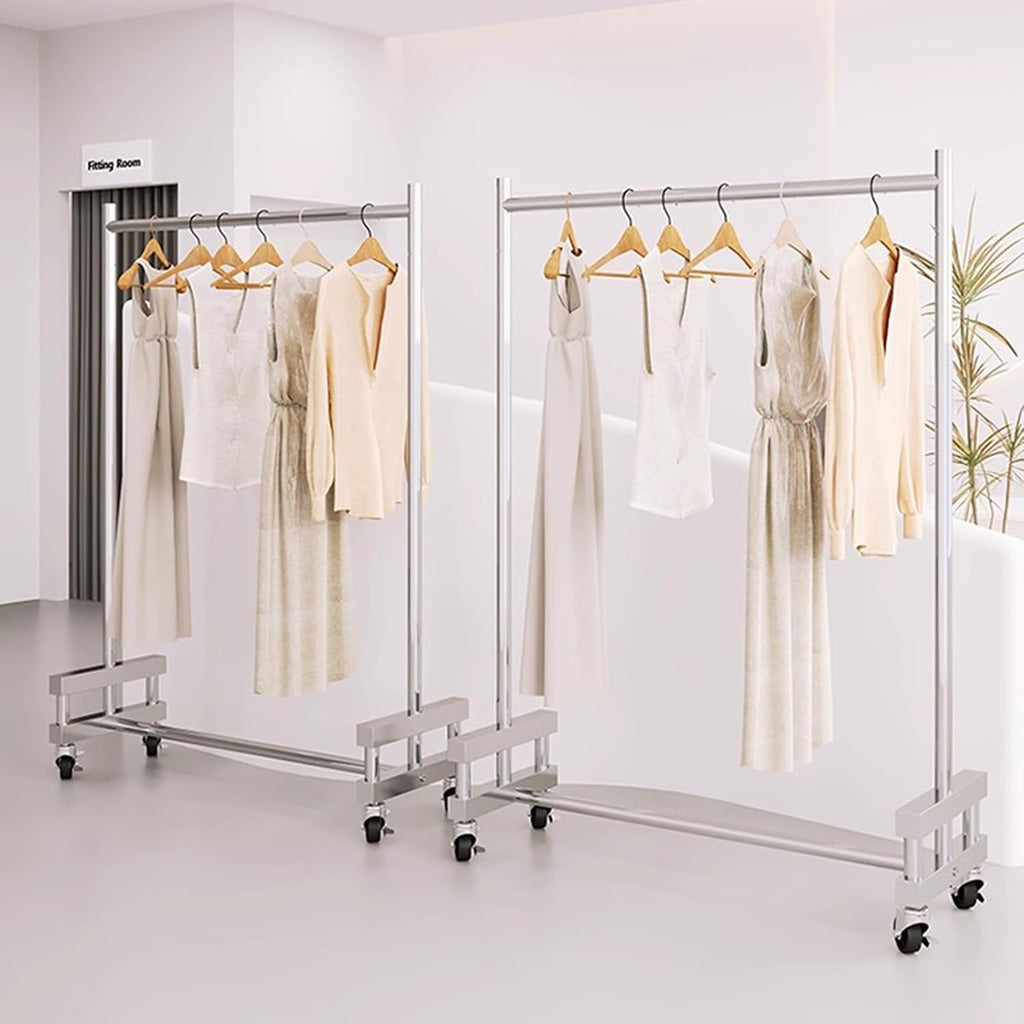 Garment Rack Heavy-Duty Clothes Rack With Wheels, Silver Stainless Steel Clothing Rack For Hanging Clothes, Commercial Clothes Rail For Retail Display, Single Rod Coat Rack For Bed(Size:150X40X160CM)