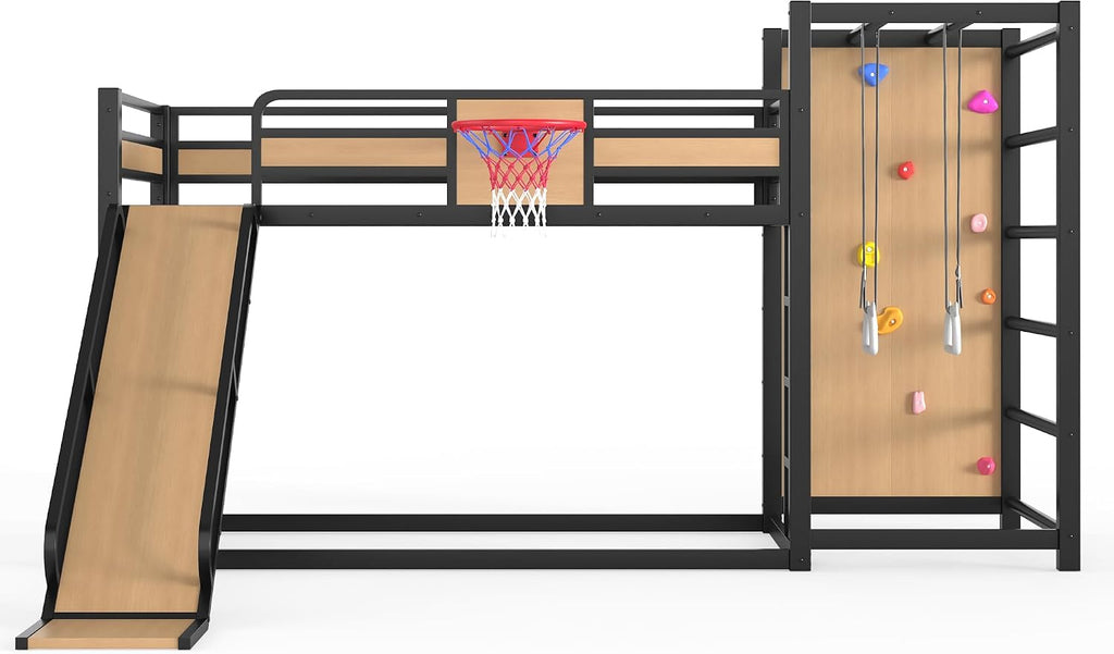 Bellemave Metal Twin Over Twin Bunk Bed Frame with Slide,Twin Size Floor Bunk Bed and Basketball Hoop,Pull-up Rings and Climbing Wall,Heavy Duty Bunk Beds with Bookshelves for Kids Girls Boys,Natural