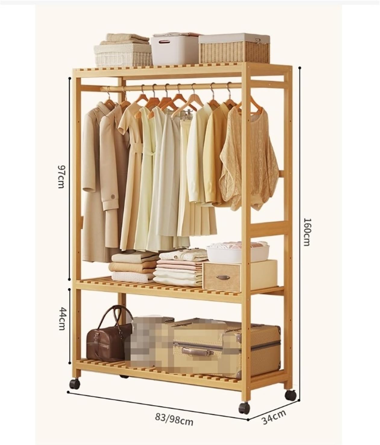 Armoire Adults Rolling Garment Rack Shelving Clothes Coat with Wheels Functional Shelf Hanging(Black,160x83x34cm)