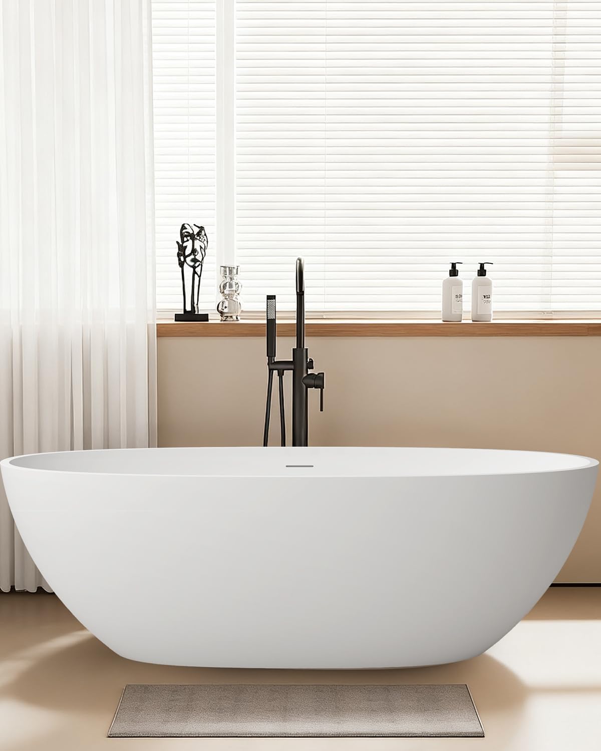 Stone Resin Freestanding Bathtubs,67'Solid Surface Matte White Oval Upgrade 25mm ultra-thick edges Luxury Stand Alone Bathroom Bath Soaking Tub with Pop up Drain & Integrated Slotted Overflow
