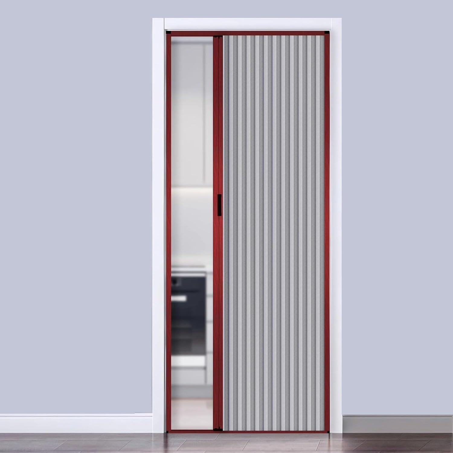 Accordion Door Non-Woven Folding Door with Red Wood Grain Metal Frame, Interior Retractable Gate Foldable Sliding Doors, Room Divider/Closet Multifold Door(22x39in(56x99cm))