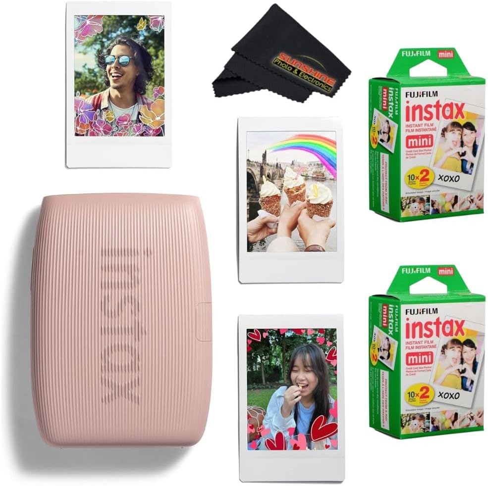 Fujifilm INSTAX Mini Link 3 Smartphone Printer with INSTAX Mini Instant Film and Sunshine Microfiber Cleaning Cloth... (2 Twin Pack (40 Sheets), Rose Pink)