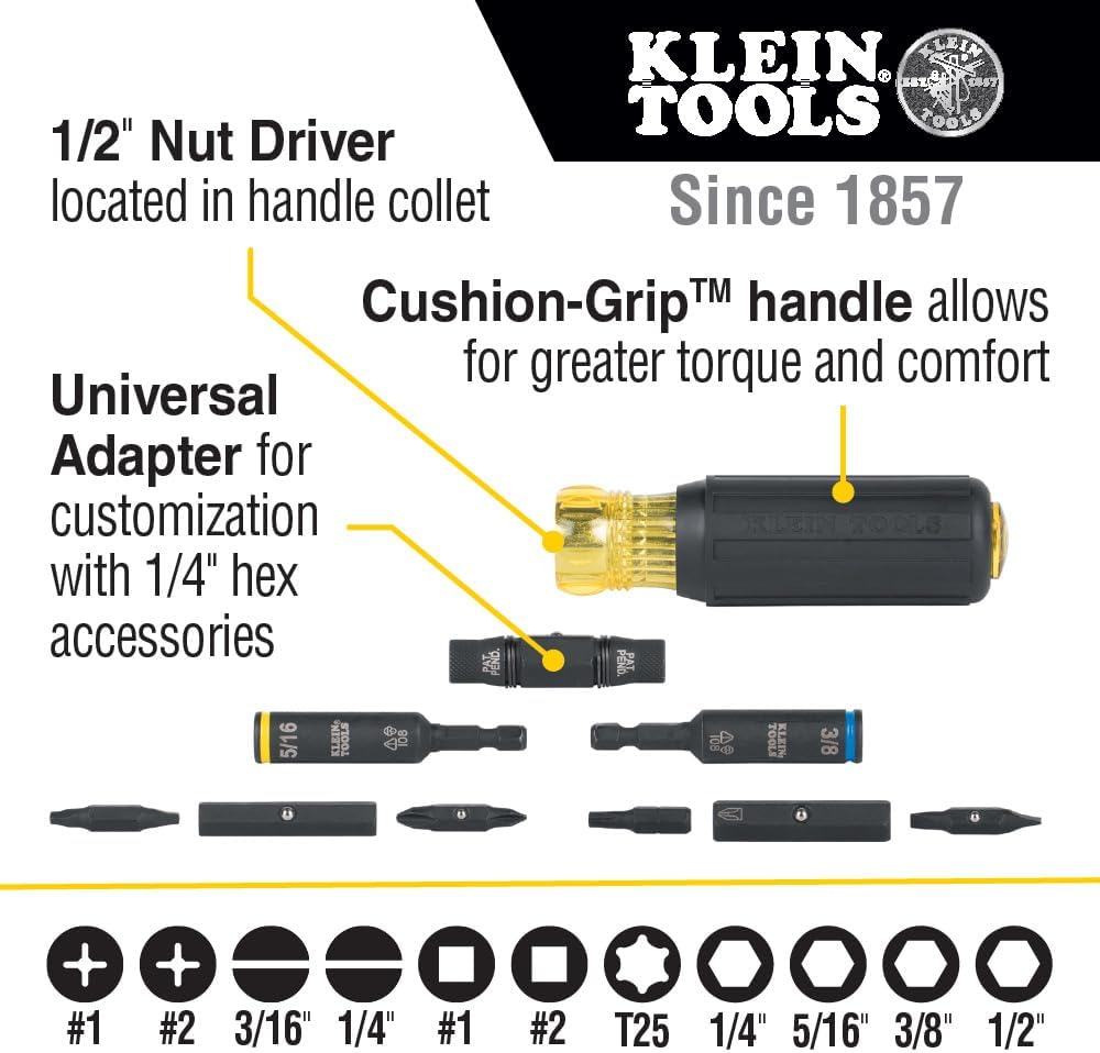 Klein Tools 55485 Tool Bag Backpack, Durable Electrician Backpack with 48 Pockets for Hand Tools & 32500HD Multi-Bit Screwdriver/Nut Driver, Impact Rated 11-in-1 Tool with Phillips