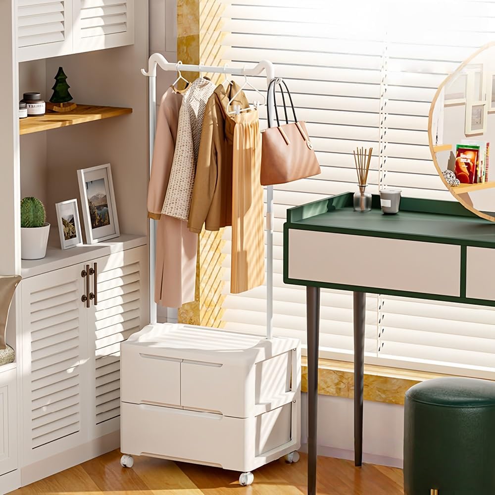 Freestanding Clothes Rack with Storage Drawers, Bedroom Wardrobe Organizer with Rolling Wheels, Small Space Garment Rack Cabinet for Entryway or Dorm(18.1 * 15.1 * 61.4in)