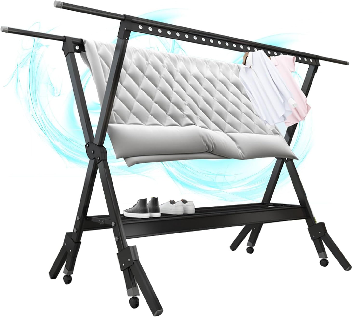 Clothes Drying Racks for Laundry Outdoor, Garment Rack Heavy Duty with Wheels, Aluminum Alloy Laundry Stand Organizer, Laundry Room Racks with Shelves (Black 230cm/91in)