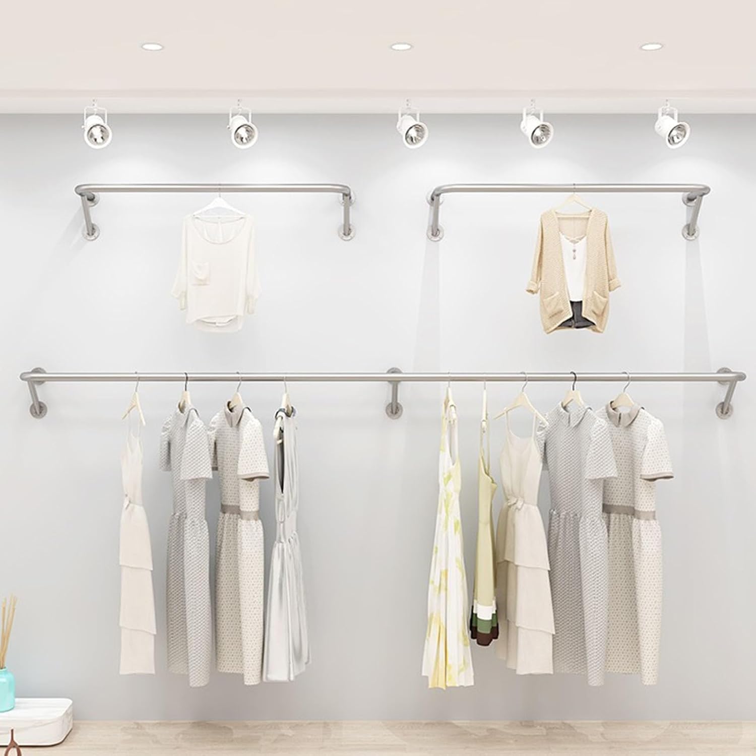 Clothing Rack Wall Mounted Garment Rack, Heavy Duty Stainless Steel Creative Clothes Rail Hanging Rod, Boutique Clothes Store Display Shelf, 8 Size,200cm