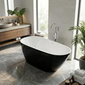 Acrylic Freestanding Bathtub, 59 Inch Pearl Shape Deep Soaking Tub, White Interior Black Exterior, Chrome Pop-Up Drain, Overflow, Modern Acrylic Stand Alone Bath Tub for Home, Apartment