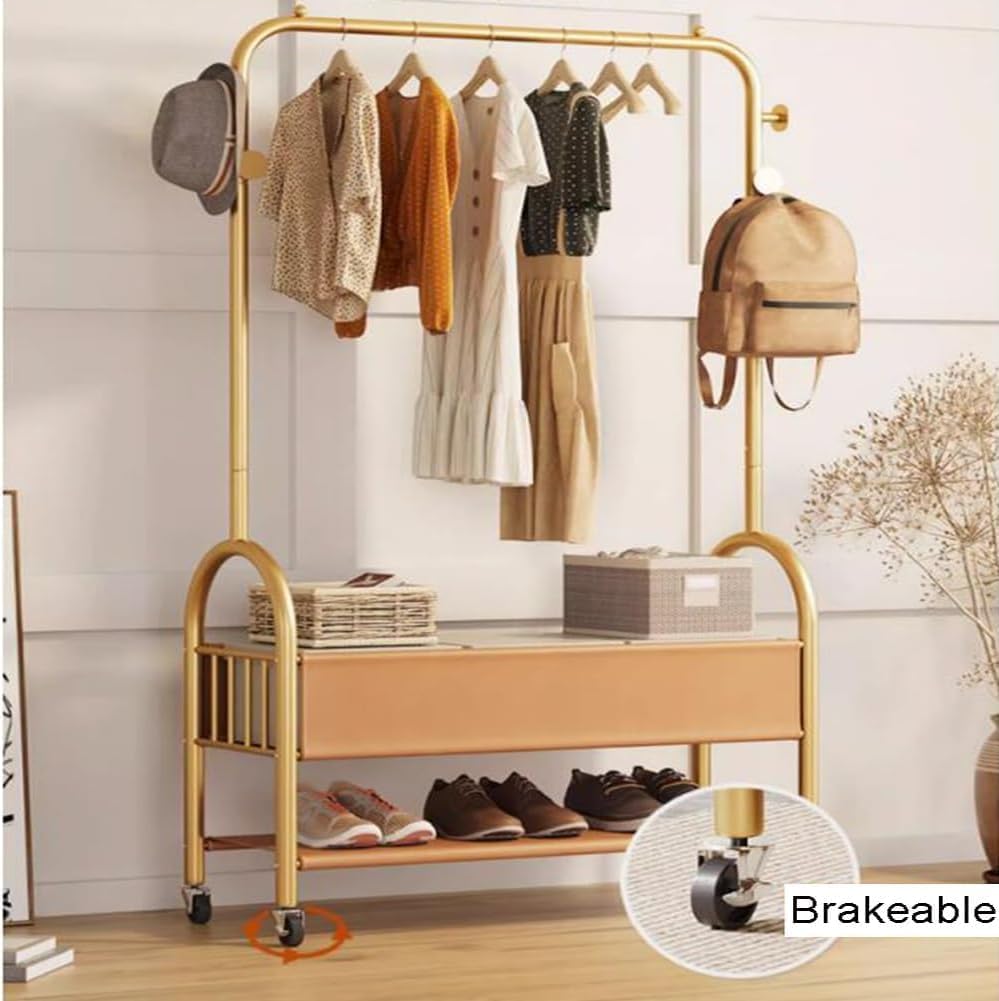 Rolling Clothes Rack with Storage Basket - 2-in-1 Garment Rack, Heavy-Duty Metal Clothing Rack on Wheels, with 2-Tier Shelves for Bedroom, Closet, Laundry(60x35x175cm)