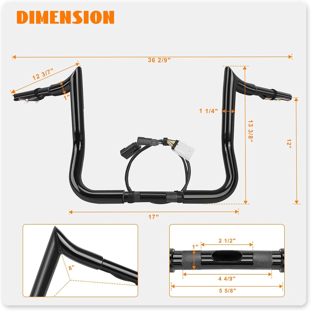12' Rise Pre-Wired Ape Hangers Handlebars 1 1/4' Fat 1' Clamp Meathook Monkey Bar for Harley Touring 2008-2013 Harley Street Glide FLHX Electra Glide Standard FLHT Ultra Limited FLHTK