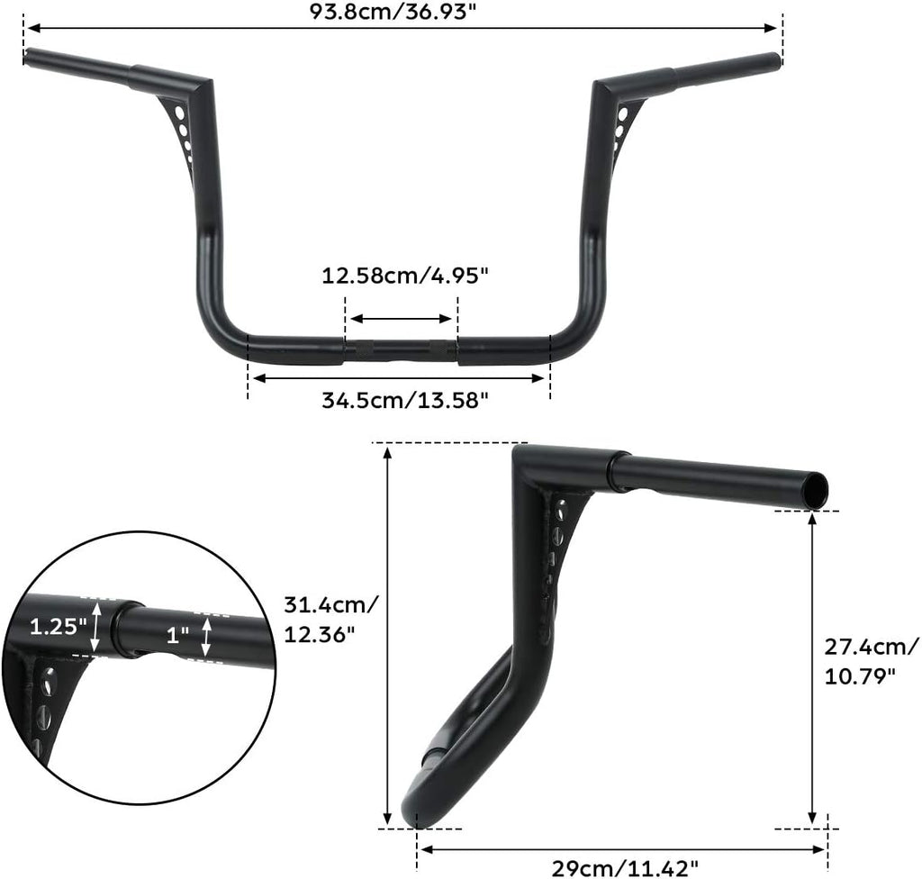 TCT-MOTORPARTS Black 12' Rise Ape Hangers Bars 1-1/4' Handlebars Fit for Harley Touring Electra Street Glide, Ultra Limited and Tri Glide models, Dressers, Baggers