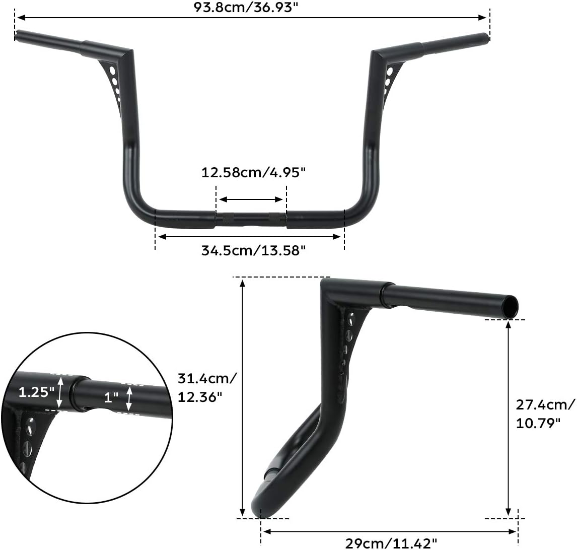 TCT-MOTORPARTS Black 12' Rise Ape Hangers Bars 1-1/4' Handlebars Fit for Harley Touring Electra Street Glide, Ultra Limited and Tri Glide models, Dressers, Baggers