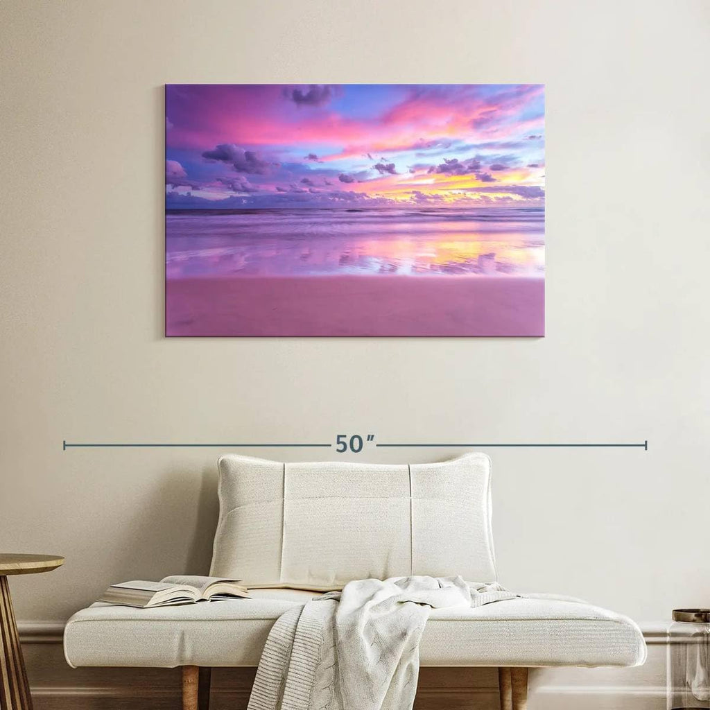 ElephantStock Cotton Candy Beach Sunrise Wall Art - Horizontal Wrapped Canvas - 1-Piece Living Room Wall Decor - Photography Beach Canvas Print - Purple and Pink Decor for Wall - 39' X 26'