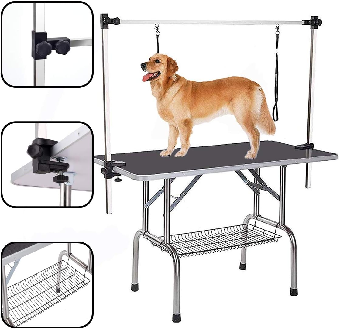 New Large Pet Grooming Table for Dog Cat with Adjustable Arm and Clamps Heavy Duty Portable dog grooming table w/Arm & Noose & Mesh Tray (42INCH, BLACK)