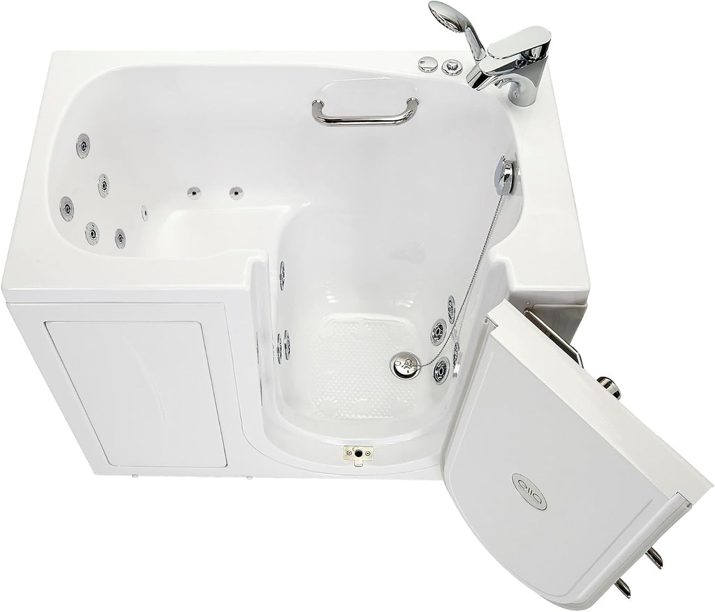 Ella Mobile 26'x45 Acrylic Hydro Massage Walk-In Bathtub with Right Outward Swing Door, Heated Seat, 2 Piece Fast Fill Faucet, 2' Drain