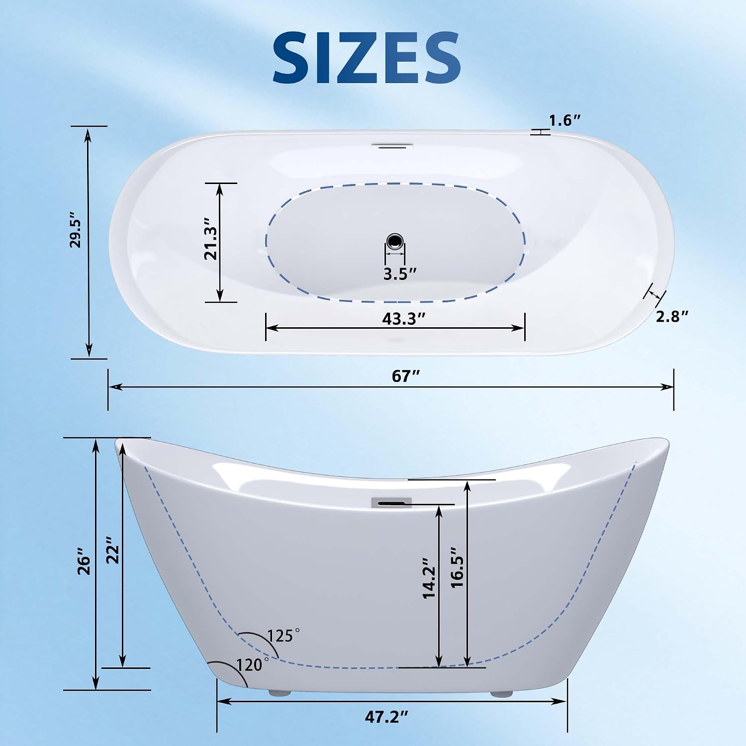 67' Oval Freestanding Soaking Bathtub with Toe-Tap Chrome Drain & Adjustable Leveling Feet, Stand Alone Tub, Acrylic Soaking Tub, Ergonomic (67')