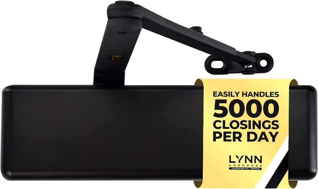 LYNN HARDWARE Extra Heavy Duty Automatic Door Closer (Matte Black) - Commercial Grade, Contractors Choice, Adjustable Speed, Delayed Closing Timer, 3 Mounting Options, 3 Hour Fire Rated (DC9016 Model)