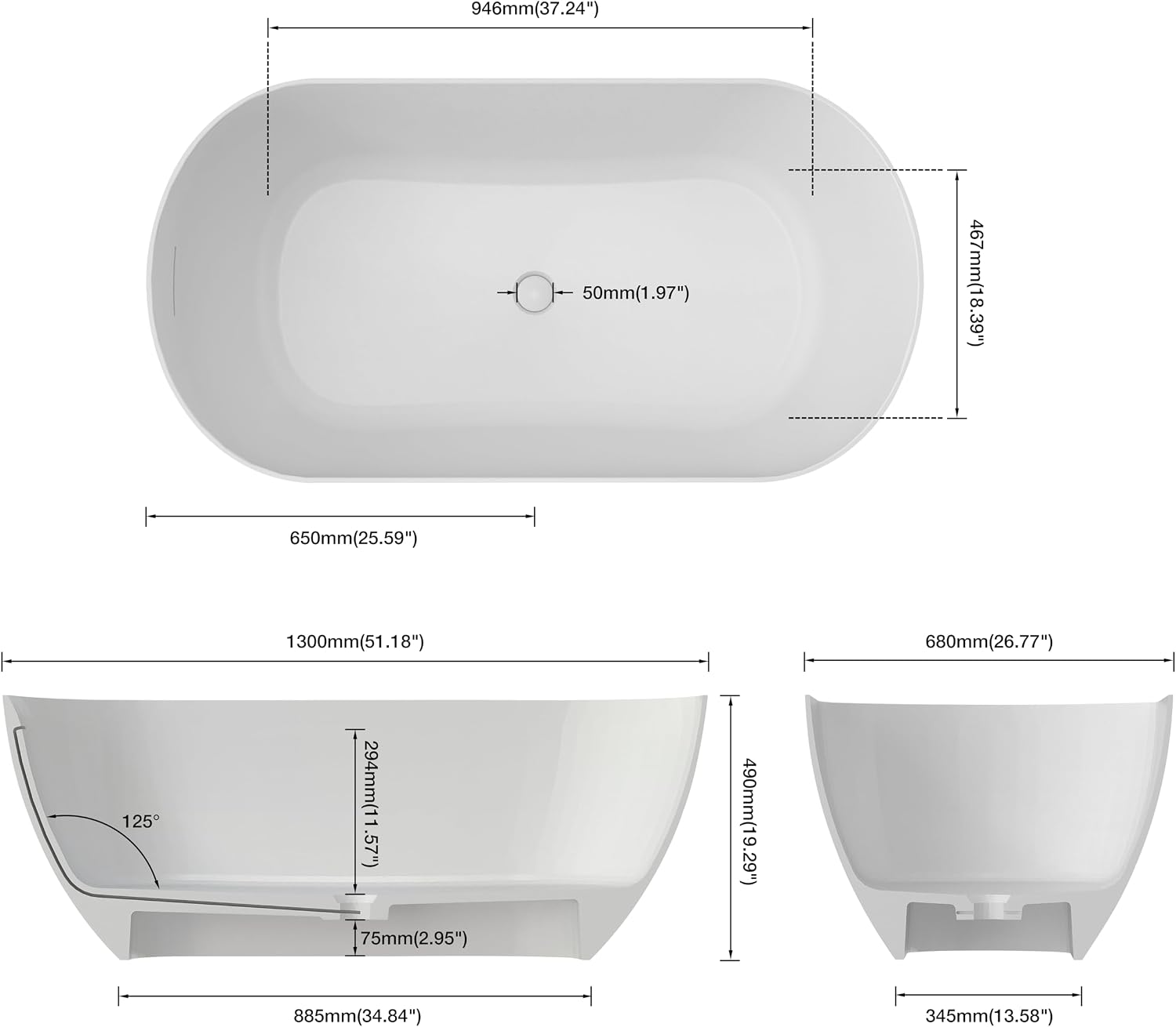 51' Premium Freestanding Solid Surface Bathtub, Oval Shape Stone Resin Soaking Tub with Overflow and Pop-up Drain, Matte White