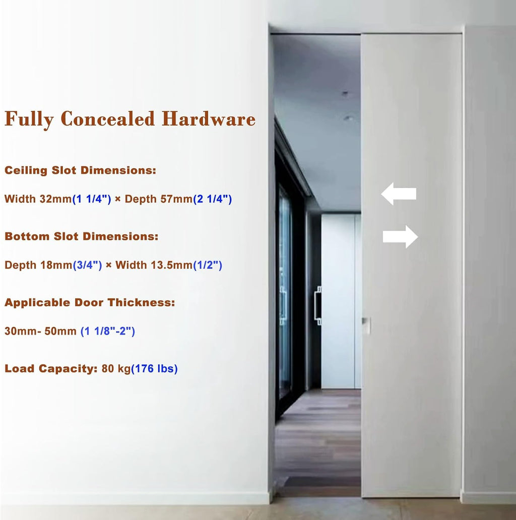 Invisible Pocket Door Hardware with Two-Way Soft Close Mechanism, Top Mount Sliding Door Track with Nylon Ball Bearing Six-Wheel, Floor Guide(220cm(86.6in))