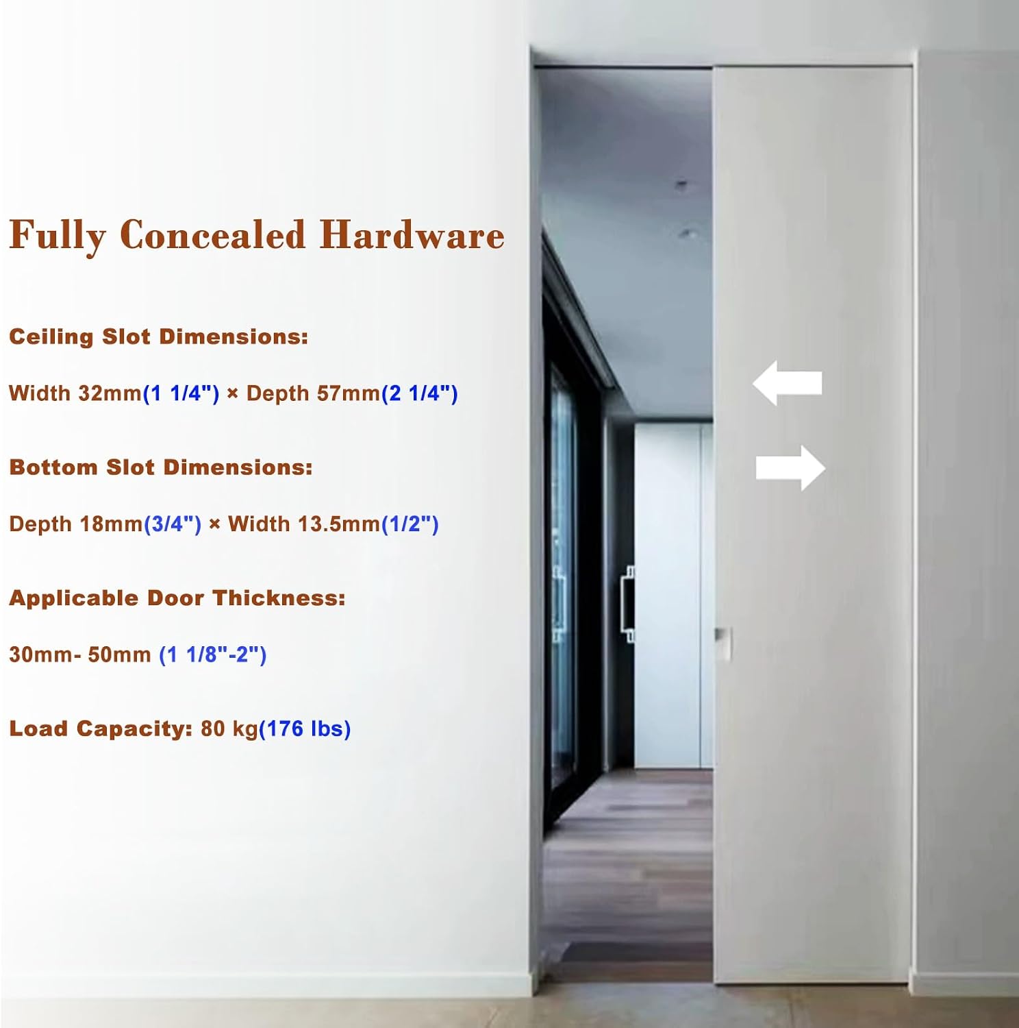 Invisible Pocket Door Hardware with Two-Way Soft Close Mechanism, Top Mount Sliding Door Track with Nylon Ball Bearing Six-Wheel, Floor Guide(220cm(86.6in))