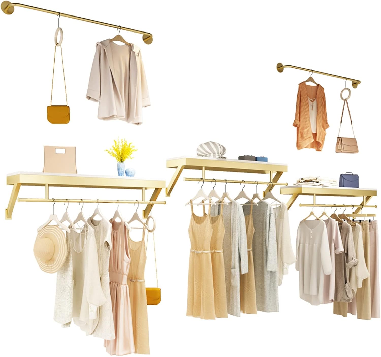 5pcs Clothing Garment Rack Wall Mounted with Wood Shelf,Clothing Store Floating Shelf,Retail Display Clothes Racks Heavy Duty Organizer Hanger Metal Sturdy (C-300cm