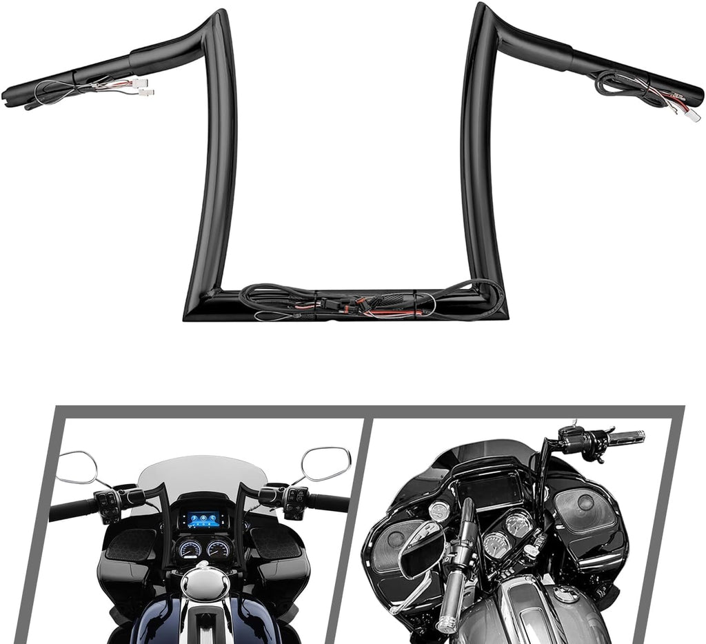 Mofun 12' Rise Pre-wired Ape Hangers Sharp Handlebars 1-1/4 inch Fat 1.25' Clamp Compatible with Harley Road Glide FLTR/I FLTR FLTRXST FLTRU 2015-2023, Gloss Black