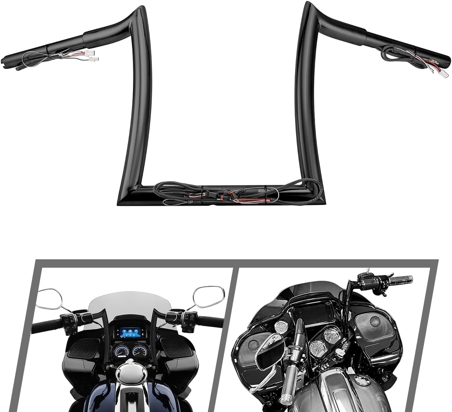 Mofun 12' Rise Pre-wired Ape Hangers Sharp Handlebars 1-1/4 inch Fat 1.25' Clamp Compatible with Harley Road Glide FLTR/I FLTR FLTRXST FLTRU 2015-2023, Gloss Black