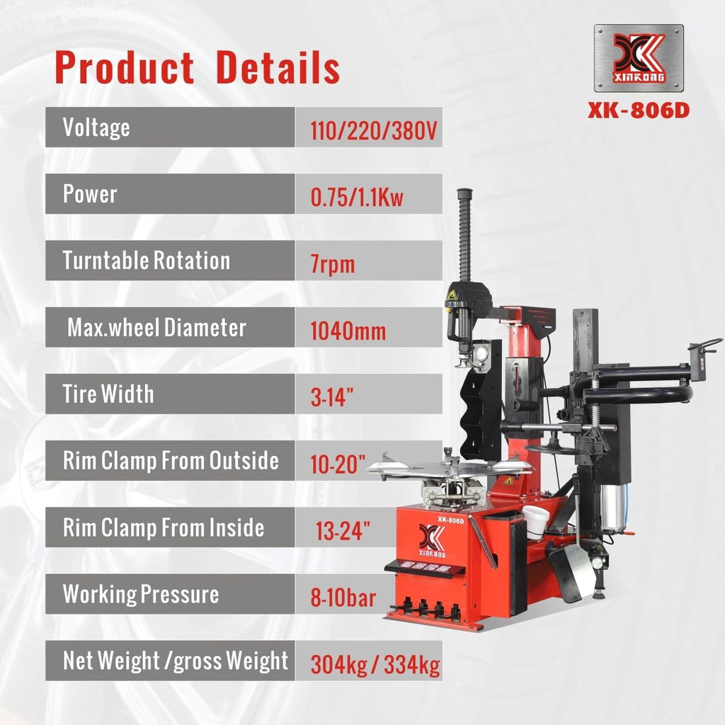 XK-806D Tire Changer Machine 2.0 Horsepower Rim Clamp 13-24 Inches with 12 Month Parts Replacement