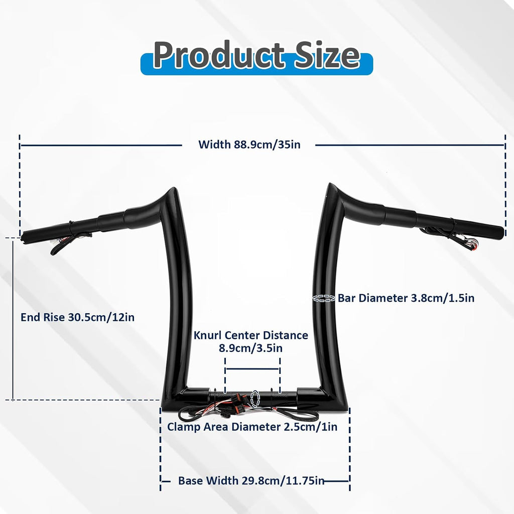 Wsays 12 Inch Pre-wired Handlebar Ape Bar Horn Compatible with Harley Softail 2011-2024 Fit Dyna 2012-2017 Fit Sportster 2011-2022 Fit Touring Road King 2015-Later