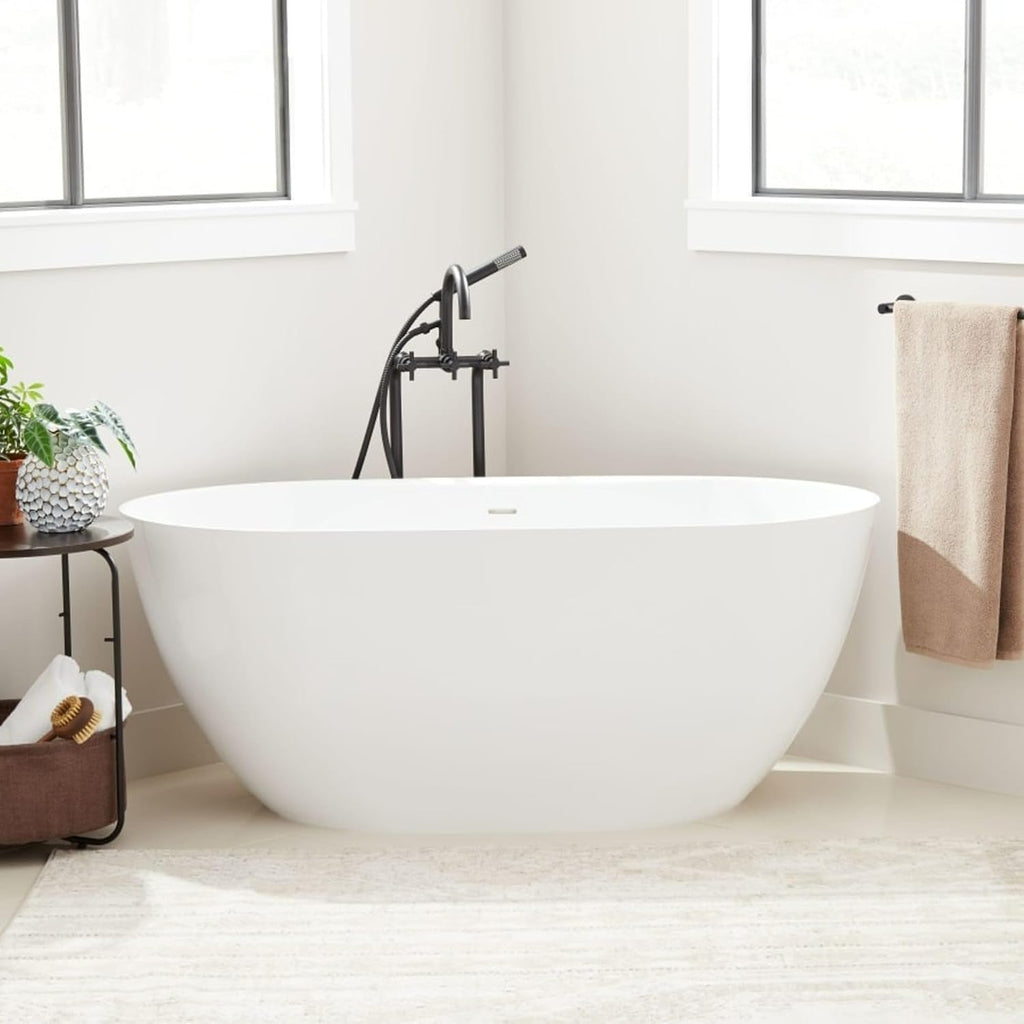 Signature Hardware 952997-59 Patera 59' Solid Surface Soaking Freestanding Tub with Integrated Drain and Overflow - Glossy White