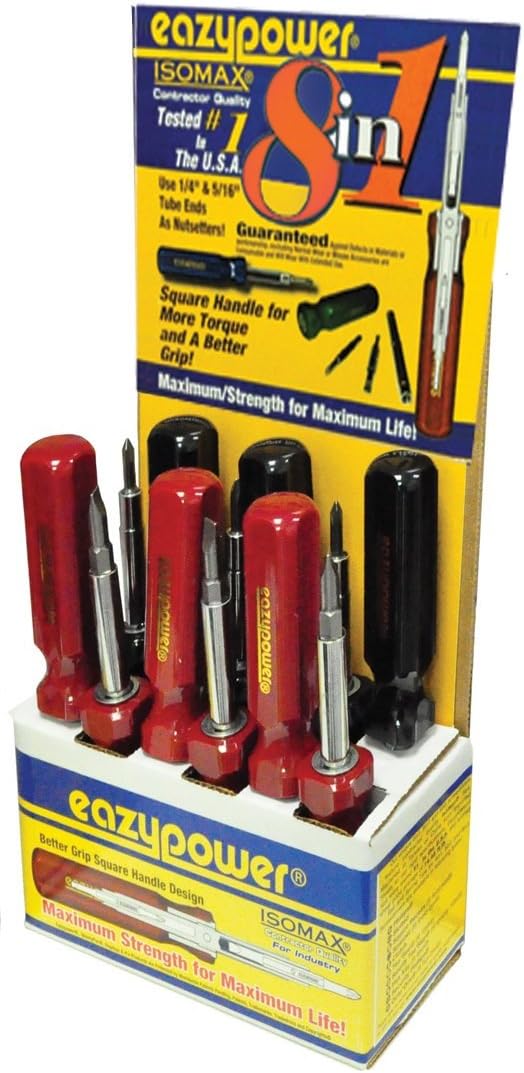 Eazypower 81668 12-Pack Red/Black 8-in-1 Molded Handle Screwdriver 4-5/8-10 Slotted; #1/#2 Phillips; T15/T20 Tee*Star; 1/4 and 5/16-inch Nut Setters