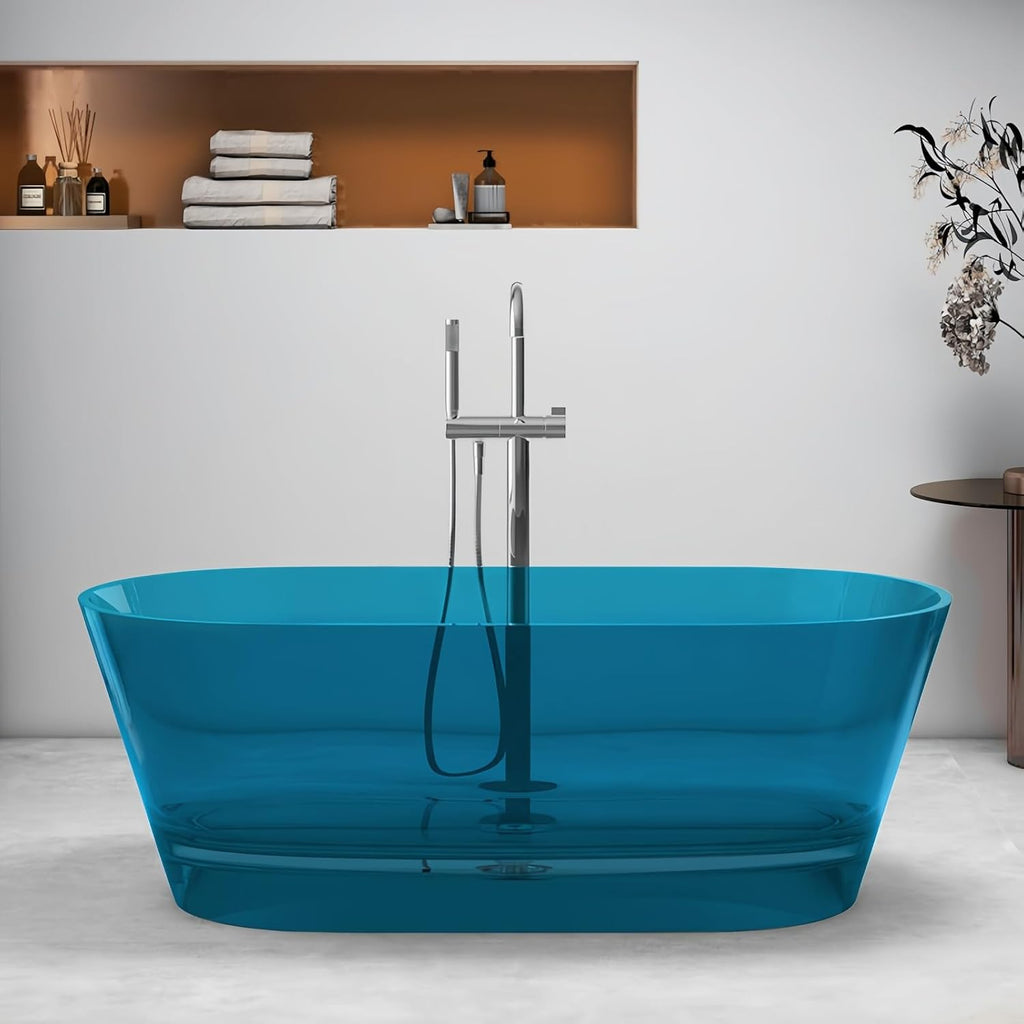 67' Edeyeu Freestanding Bathtub - Luxury Natural Resin Solid Surface Bathtub, Extra Deep Soaking Tub With Artistic Translucent Design, High-End Stand Alone Free Standing Tub Blue B
