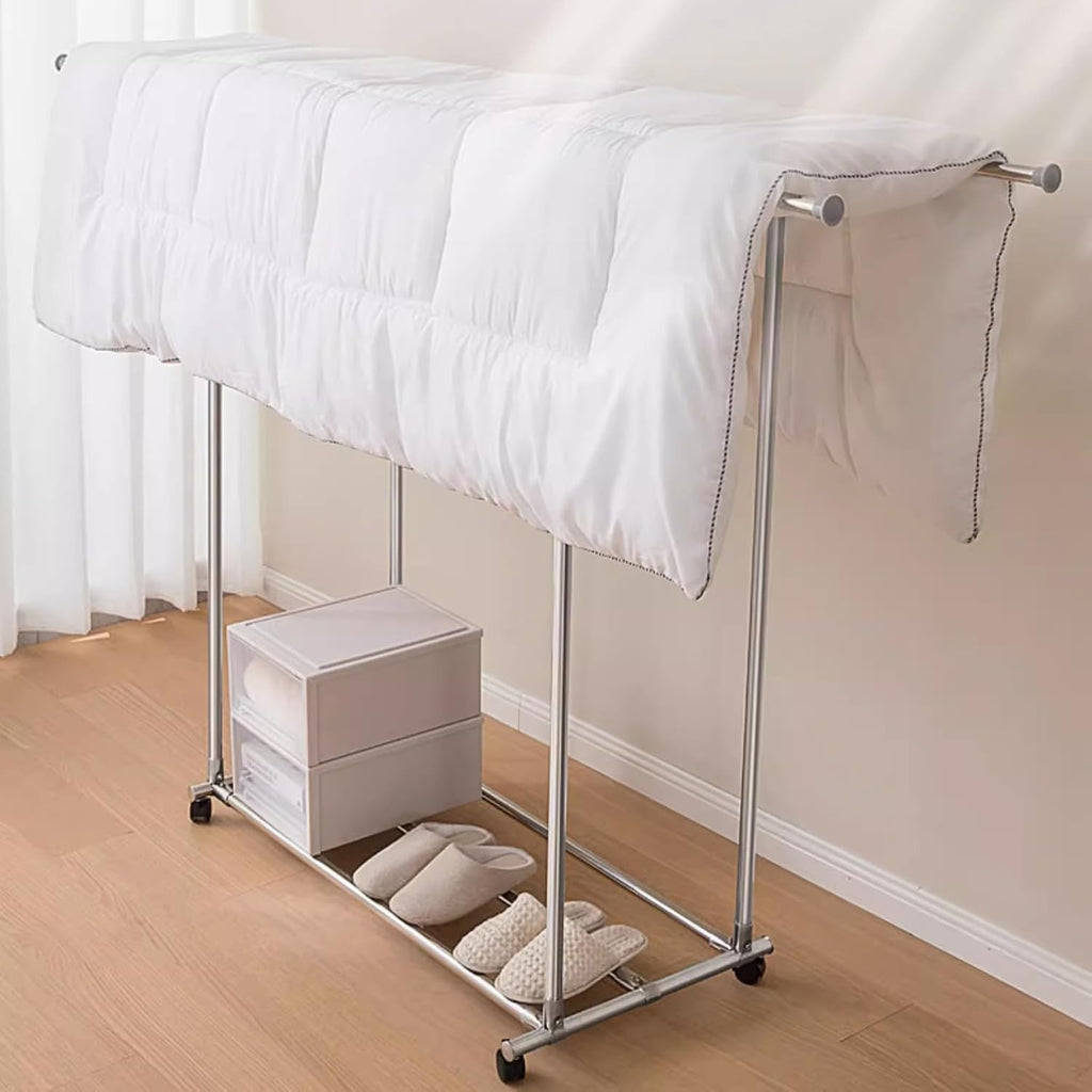 Heavy Duty Coat Rack, Garment Rack Double Rod Clothing Rack On Wheels, Extendable Hanging Rod, Heavy Duty Clothes Rail with Shelves, Portable Closet Organizer for Bedroom