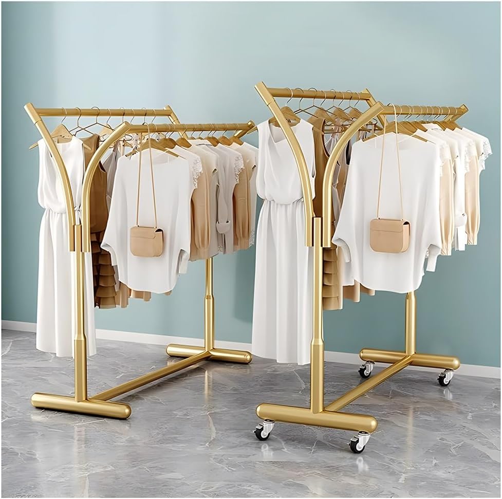 Floor Standing Retail Metal Clothing Rack, Heavy Duty Double-Rod Movable Clothing Shelf, Multifunctional Standing Rolling Garment Rack, for Shopping Mall Clothing Store (Gold b)