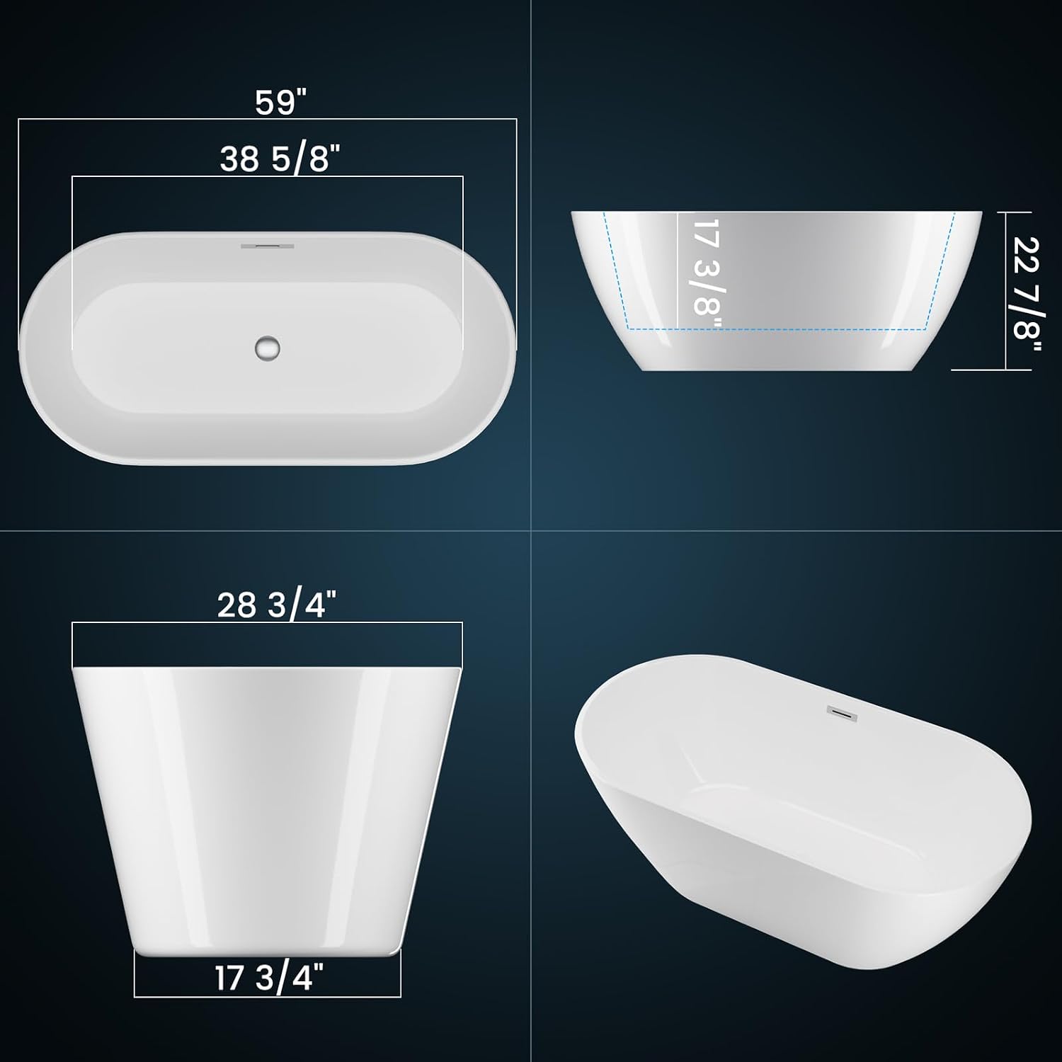 59 'Acrylic Freestanding Bathtub - Deep Soaking Tub for Bathroom，Oval Shaped Stone Resin Freestanding Tubs,cUPC Certified,Chrome Drain and Overflow, Glossy White