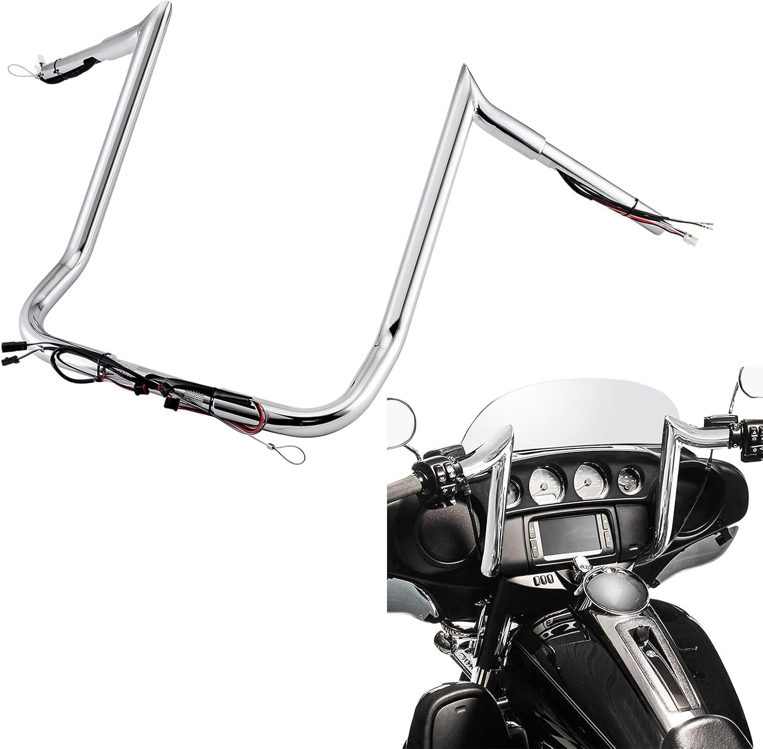 Mofun 14' Ape Hangers Pre-wired Handlebars 1 1/4' Compatible with Harley Touring Street Glide Electra Tri Glide Ultra Limited with Batwing Fairing 2014-2023, Chrome