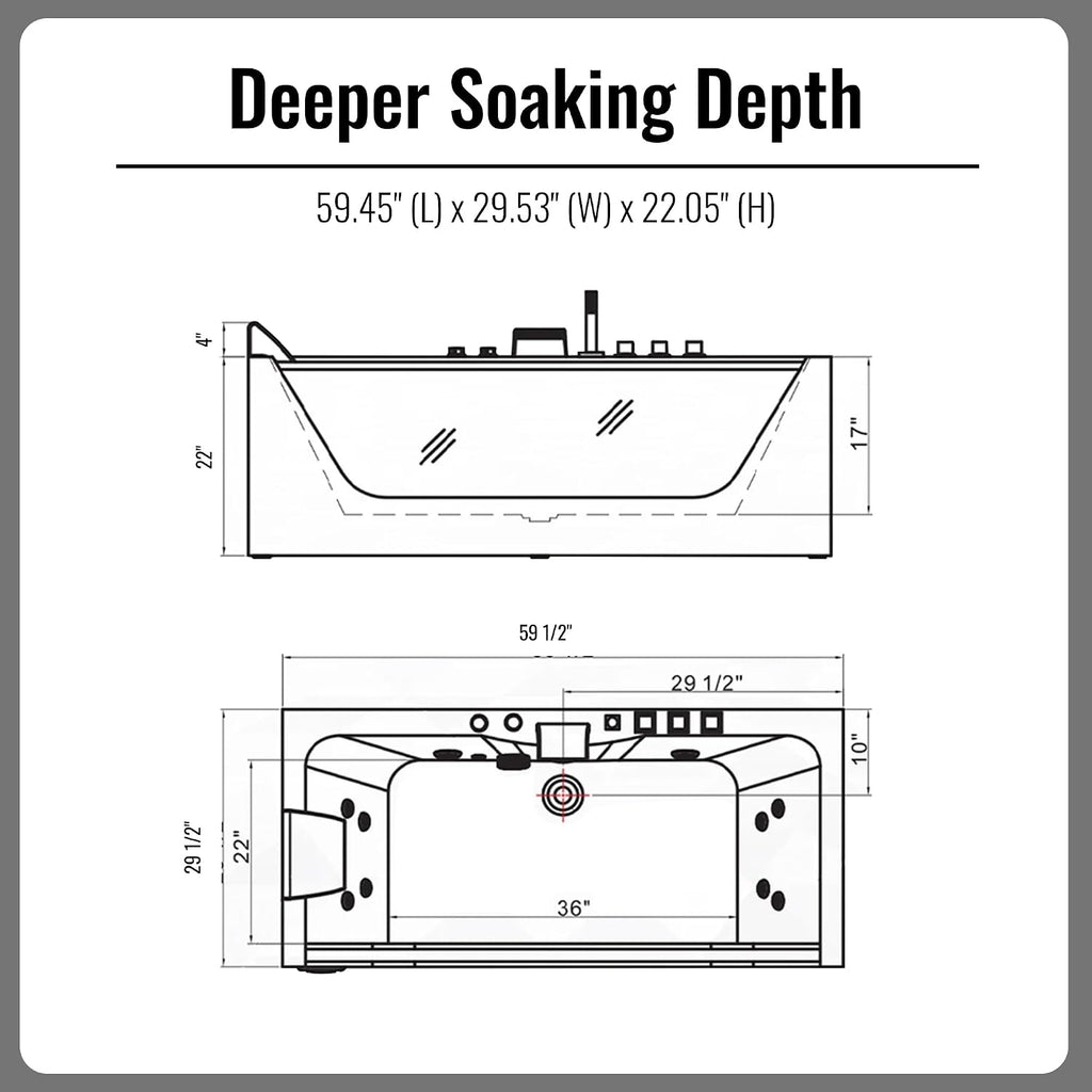 60' Acrylic Freestanding Whirlpool Bathtub Contemporary Soaking Tub Hydro Massage with Center Drain, Chromatherapy, Water Jetted and Air Bubble, Built-in ambient lighting