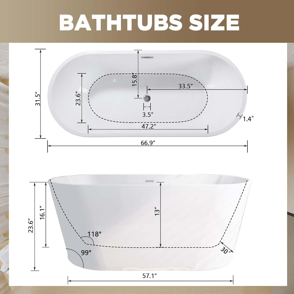 Acrylic Freestanding Soaking Bathtub with Toe-Tap Chrome Drain, Oval Stand Alone Tub, Ergonomic Soaking Tub (67')